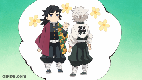 Two Anime Characters Are Standing Next To Each Other And One Has A Chinese Symbol On His Back GIF