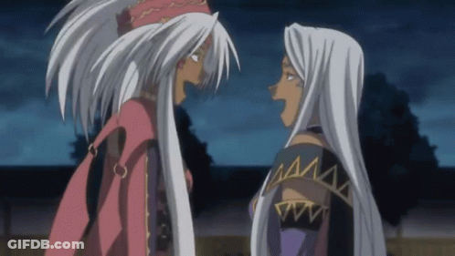 Two Anime Characters Are Standing Next To Each Other And One Has A Very Long White Hair GIF