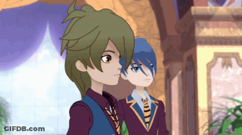 Two Anime Characters Are Standing Next To Each Other And One Has Green Hair GIF