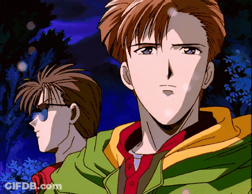 Two Anime Characters Are Standing Next To Each Other And One Has Sunglasses On GIF