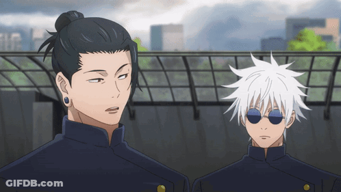 Two Anime Characters Are Standing Next To Each Other And One Has Sunglasses On GIF