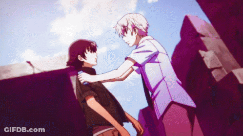 Two Anime Characters Are Standing Next To Each Other And One Is Holding The Other 'S Shoulder GIF