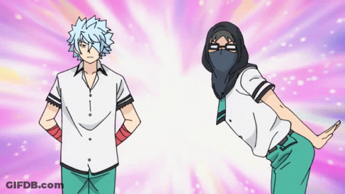 Two Anime Characters Are Standing Next To Each Other And One Is Wearing A Mask GIF