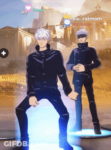 Two Anime Characters Are Standing Next To Each Other And One Of Them Has The Name Vic_ratmom On His Profile GIF