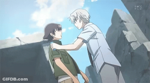 Two Anime Characters Are Standing Next To Each Other And One Of Them Is Holding Another Man 'S Arm GIF