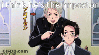Two Anime Characters Are Standing Next To Each Other And One Of Them Is Pointing At The Other And Says I Think He 'S The GIF