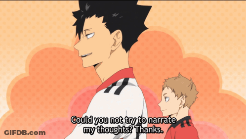 Two Anime Characters Are Standing Next To Each Other And One Says " Could You Not Try To Narrate My Thoughts Thanks " GIF