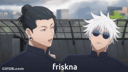 Two Anime Characters Are Standing Next To Each Other And The Word Friskna Is On The Screen GIF