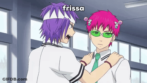 Two Anime Characters Are Standing Next To Each Other And The Word Frissa Is On The Bottom GIF