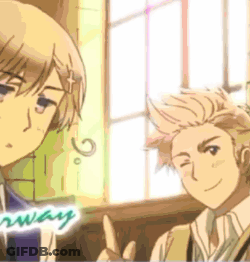 Two Anime Characters Are Standing Next To Each Other And The Word Norway Is On The Bottom GIF
