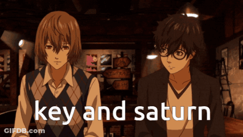 Two Anime Characters Are Standing Next To Each Other And The Words Key And Saturn Are On The Bottom GIF
