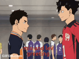 Two Anime Characters Are Standing Next To Each Other And The Words Mio And Lev Greeting Are On The Bottom GIF