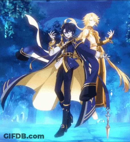 Two Anime Characters Are Standing Next To Each Other In A Dark Forest GIF