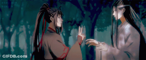 Two Anime Characters Are Standing Next To Each Other In A Forest GIF
