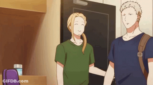 Two Anime Characters Are Standing Next To Each Other In Front Of A Door And Smiling . GIF