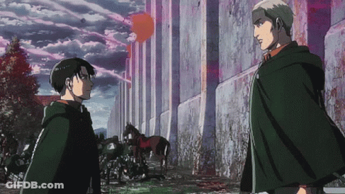 Two Anime Characters Are Standing Next To Each Other In Front Of A Large Wall GIF