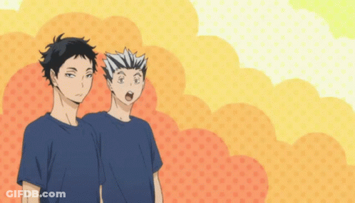 Two Anime Characters Are Standing Next To Each Other On A Yellow Background GIF