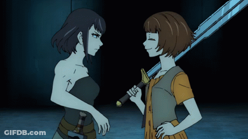 Two Anime Characters Are Standing Next To Each Other One Holding A Sword GIF