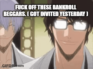 Two Anime Characters Are Standing Next To Each Other With A Caption That Says Fuck Off These Bankroll Beggars . GIF