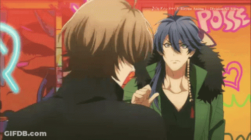 Two Anime Characters Are Standing Next To Each Other With A Sign That Says Poss In The Background GIF