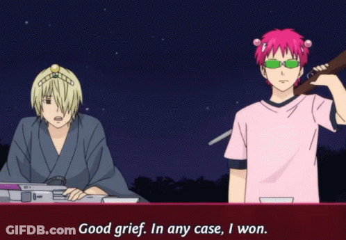 Two Anime Characters Are Standing Next To Each Other With One Saying Good Grief In Any Case I Won GIF