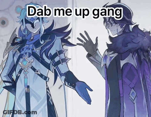 Two Anime Characters Are Standing Next To Each Other With The Words Dab Me Up Gang Below Them GIF