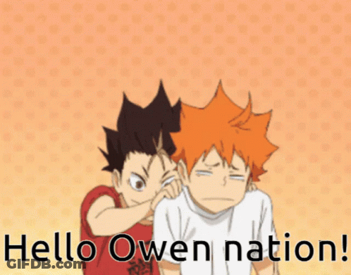 Two Anime Characters Are Standing Next To Each Other With The Words Hello Owen Nation On The Bottom GIF