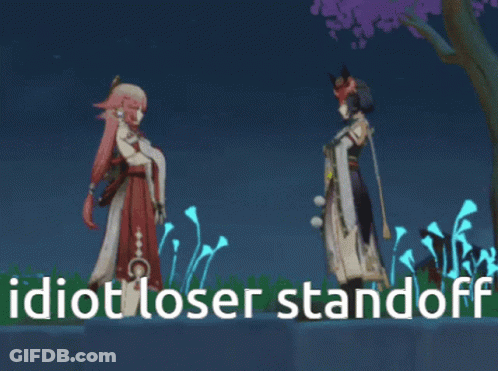 Two Anime Characters Are Standing Next To Each Other With The Words Idiot Loser Standoff Written In White GIF