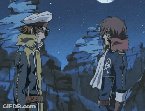 Two Anime Characters Are Standing Next To Each Other With The Words " Why Don 'T You Join Me For A Drink " GIF