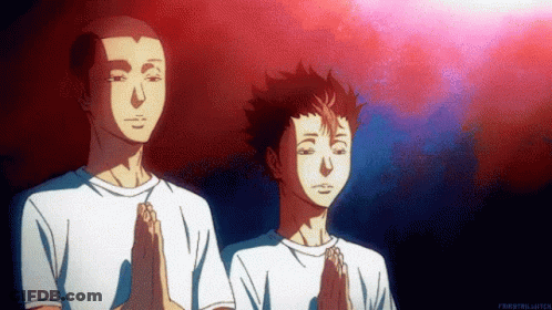 Two Anime Characters Are Standing Next To Each Other With Their Eyes Closed And Their Hands Folded In Prayer . GIF
