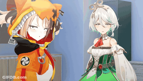 Two Anime Characters Are Standing Next To Each Other GIF
