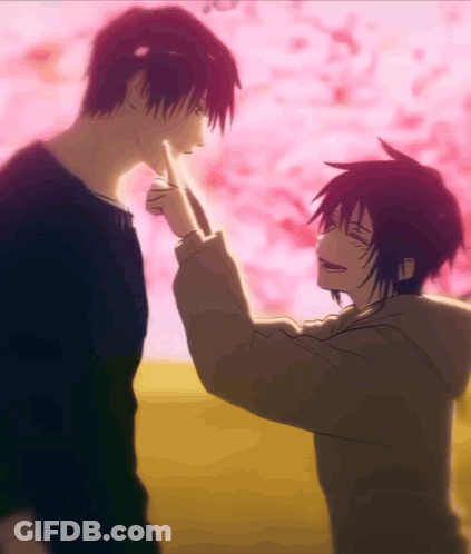Two Anime Characters Are Touching Each Other 'S Faces With Cherry Blossoms In The Background GIF