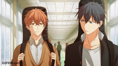 Two Anime Characters Are Walking Down A Hallway With A Guitar Case On Their Backs GIF