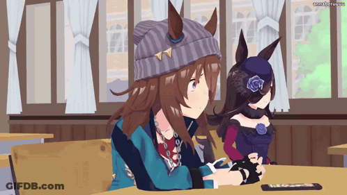Two Anime Characters At Table, One Wearing Horse Hat GIF