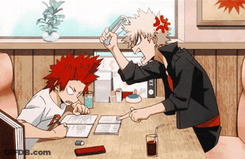 Two Anime Characters At Table Pointing GIF