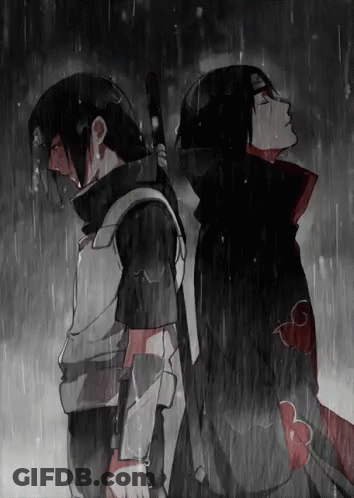 Two Anime Characters Back To Back In Rain One Holding Sword GIF