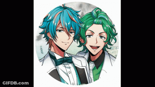 Two Anime Characters Blue And Green Hair GIF