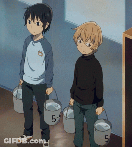 Two Anime Characters Carrying Buckets Of Water With The Number 5 On Them GIF