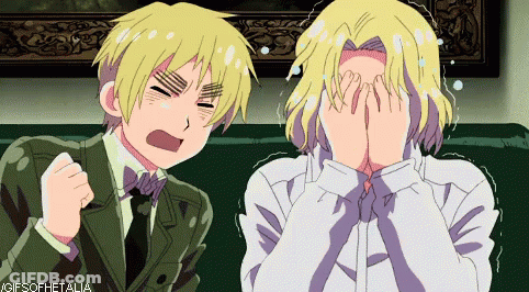 Two Anime Characters Covering Their Faces With Their Hands And One Is Screaming GIF
