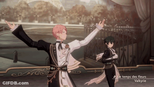 Two Anime Characters Dancing In Front Of Le Temps Des Fleurs Sign GIF