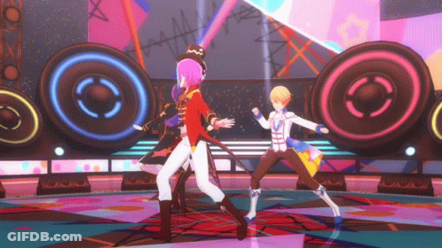 Two Anime Characters Dancing On Stage With Speakers GIF