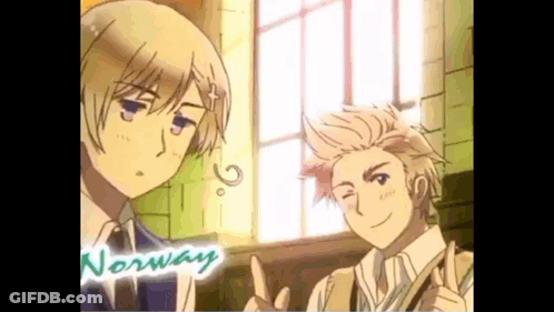 Two Anime Characters From Norway Are Standing Next To Each Other In Front Of A Window GIF