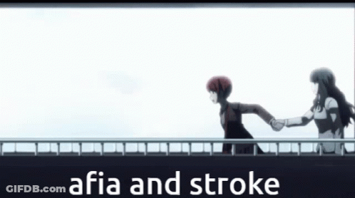 Two Anime Characters Holding Hands With The Words " Afia And Stroke " In The Background GIF