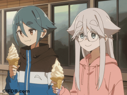 Two Anime Characters Holding Ice Cream Cones In Front Of Building GIF