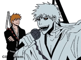 Two Anime Characters Holding Microphone And Sword GIF