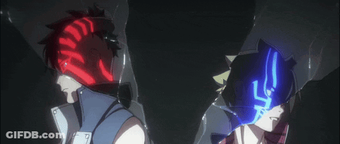 Two Anime Characters In Dark Room With Glowing Eyes GIF