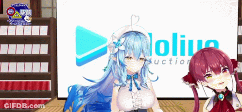 Two Anime Characters In Front Of Hololive Auction Logo GIF