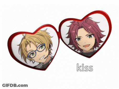 Two Anime Characters In Heart Shaped Frames With Kiss Written Below Them GIF
