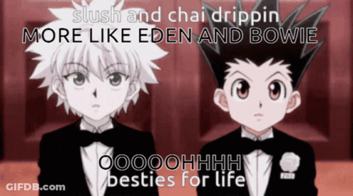 Two Anime Characters In Tuxedos Slush And Chai Drippin More Like Eden And Bowie Oooohhhh Besties For Li GIF