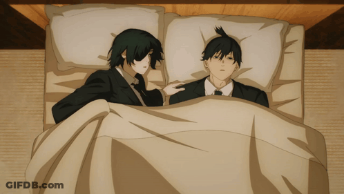 Two Anime Characters Laying In Bed GIF